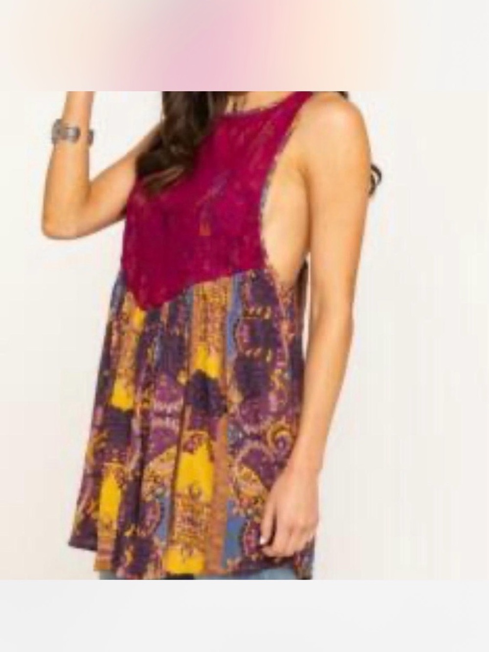 Free People Wine Lace Yoke Mini Dress with Multi Print Skirt SZ M